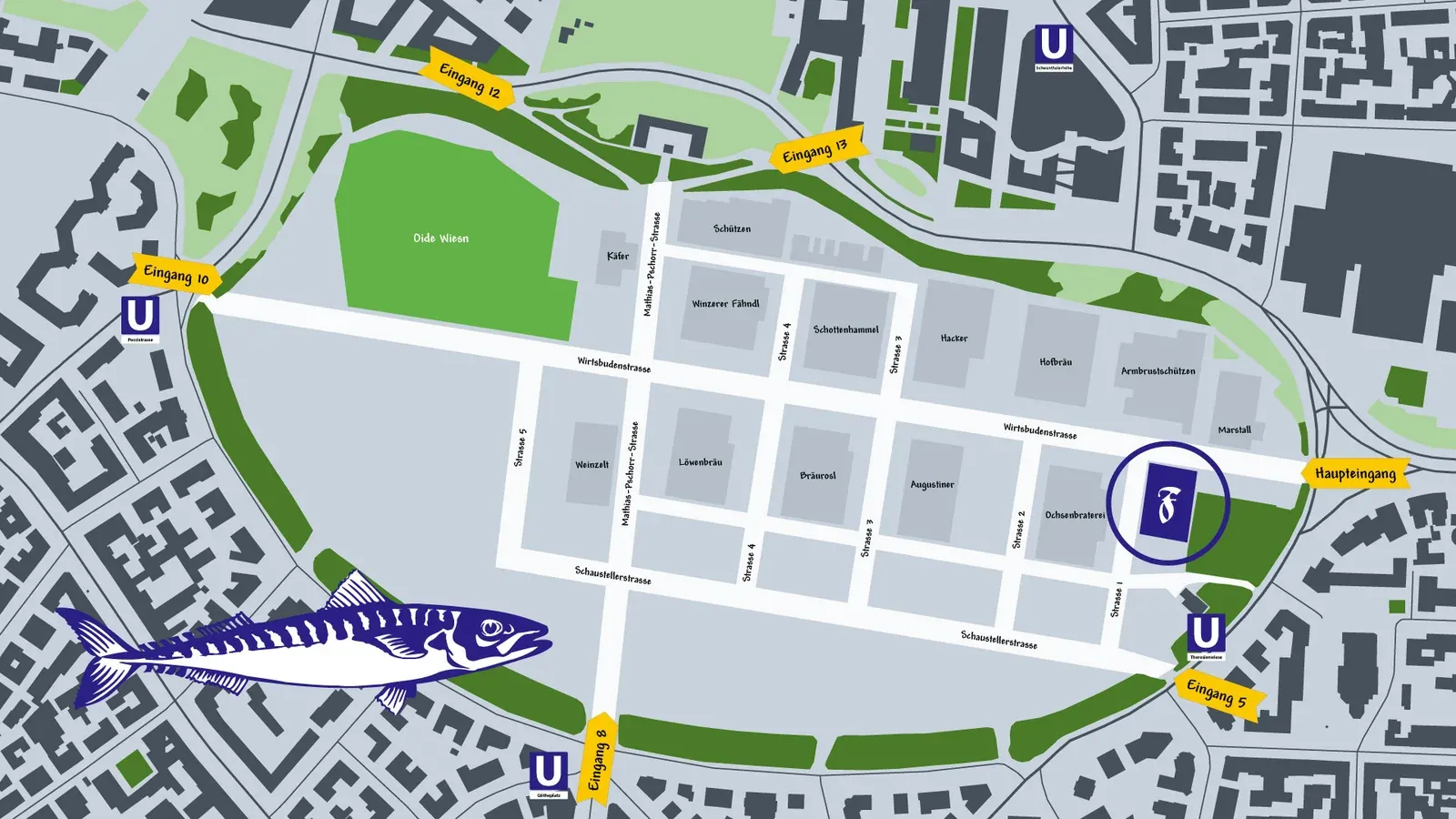 Lageplan der Theresienwiese mit markierter Position des Festzelts Fischer-Vroni, den Eingängen und den U-Bahn-Stationen